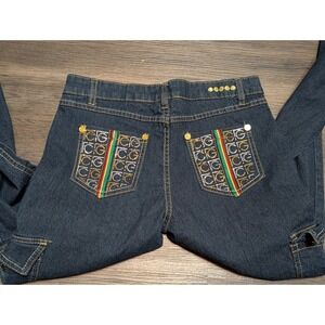 Coogi Womens Cargo Jeans Dark Wash Embroidered Rhinestone Rasta Stripe Size 16